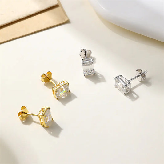 Emerald Cut Silver Stud MOISSANITE Earrings