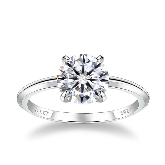 1 carat round-cut moissanite solitaire ring in S925 sterling silver, front view on white background
