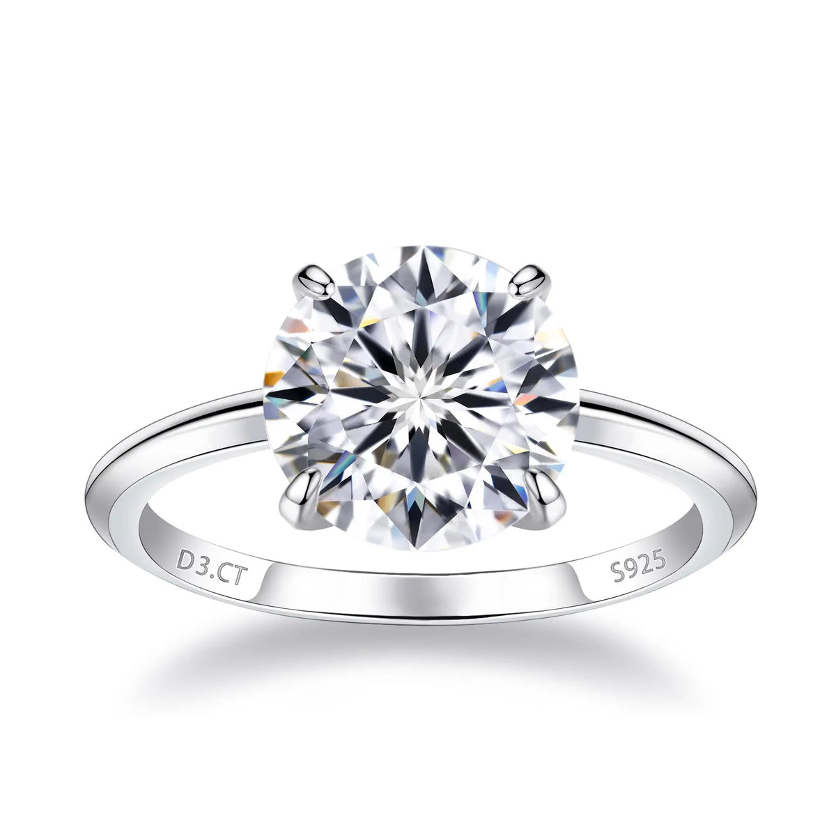 3 carat round-cut moissanite solitaire ring in S925 sterling silver, front view on white background