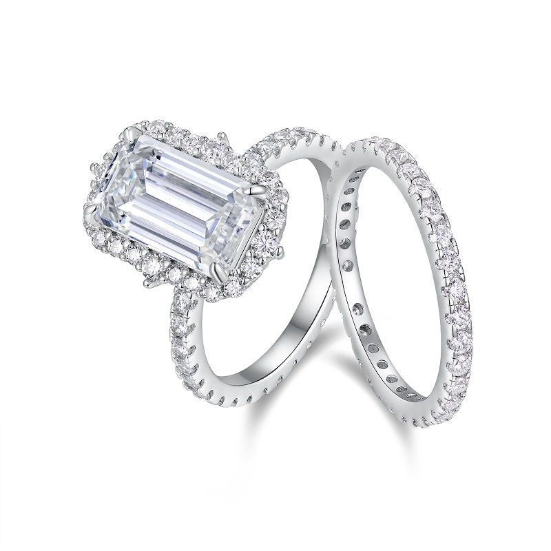 Emerald-cut moissanite bridal set in S925 sterling silver - halo engagement ring with matching eternity band