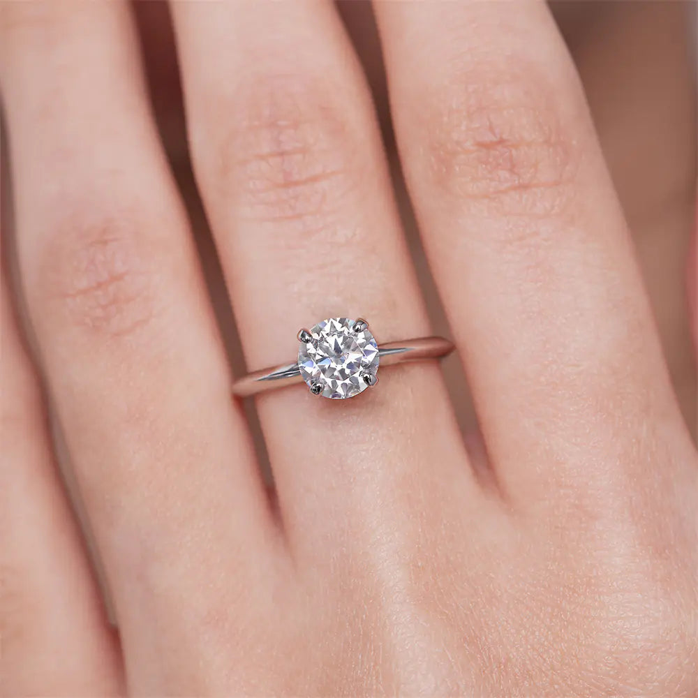 3 carat moissanite solitaire ring worn on a finger