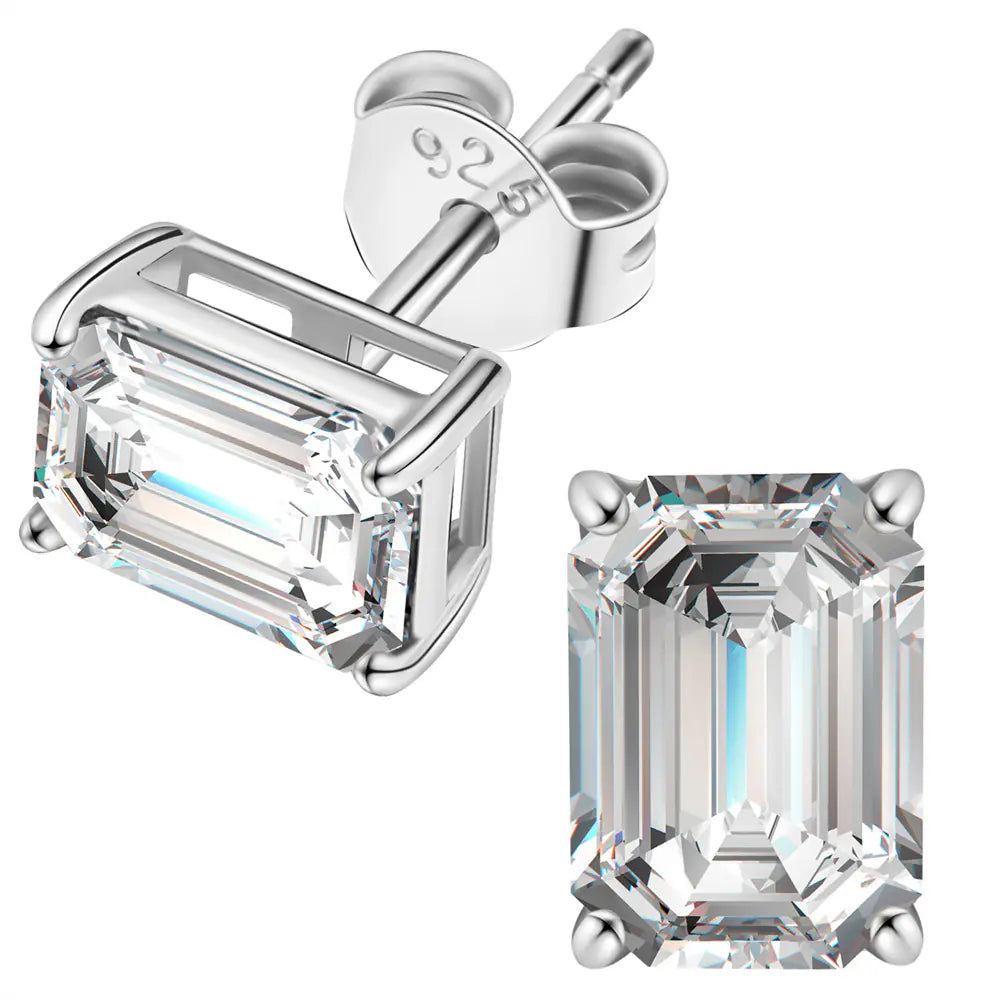 Emerald Cut Silver Stud MOISSANITE Earrings