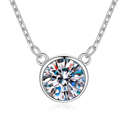 Bezel-set moissanite pendant necklace in S925 sterling silver, front view on white background