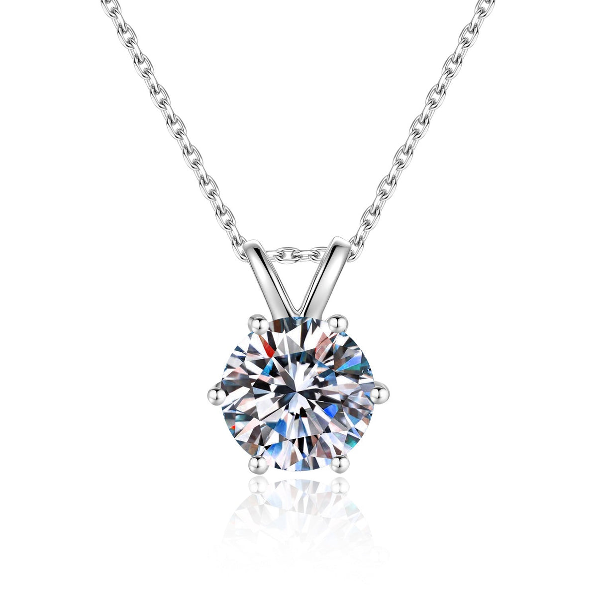 Six-prong moissanite solitaire pendant necklace in S925 sterling silver, front view on white background