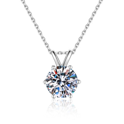 Six-prong moissanite solitaire pendant necklace in S925 sterling silver, front view on white background