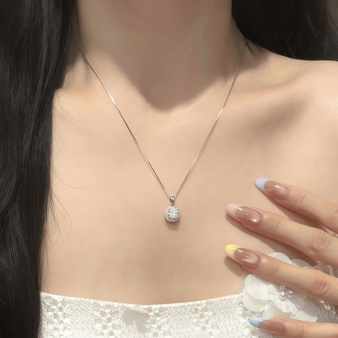 Moissanite halo pendant necklace worn around the neck