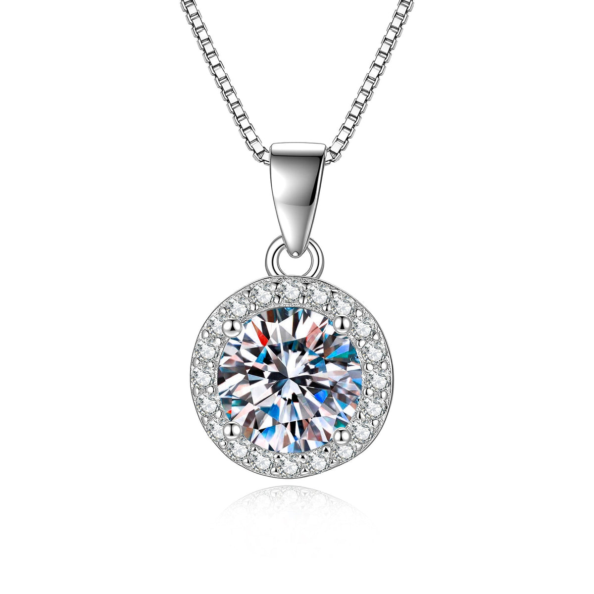 Round moissanite halo pendant necklace in S925 sterling silver, front view on white background