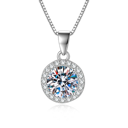 Round moissanite halo pendant necklace in S925 sterling silver, front view on white background