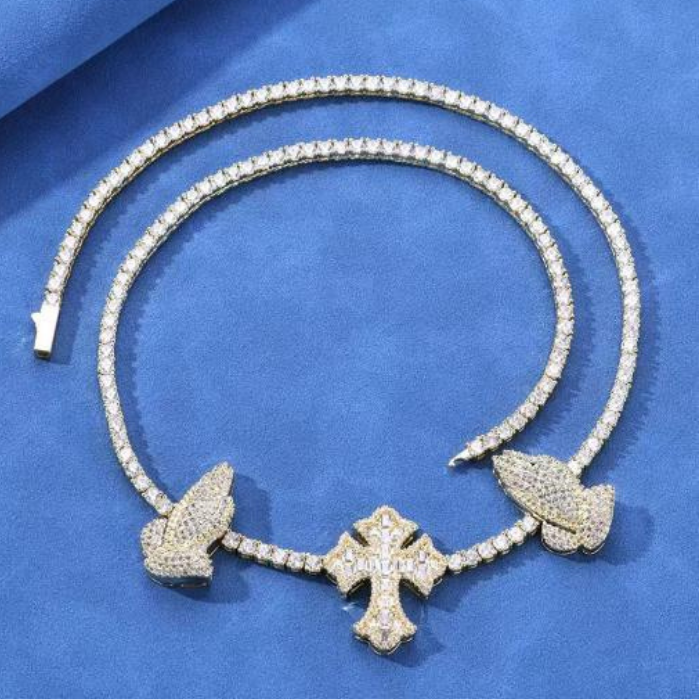 Praying Hands & Cross Tennis Chain in Sterling Silver and Moissanite