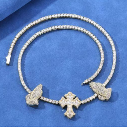 Praying Hands & Cross Tennis Chain in Sterling Silver and Moissanite