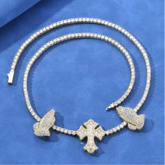 Praying Hands & Cross Tennis Chain in Sterling Silver and Moissanite