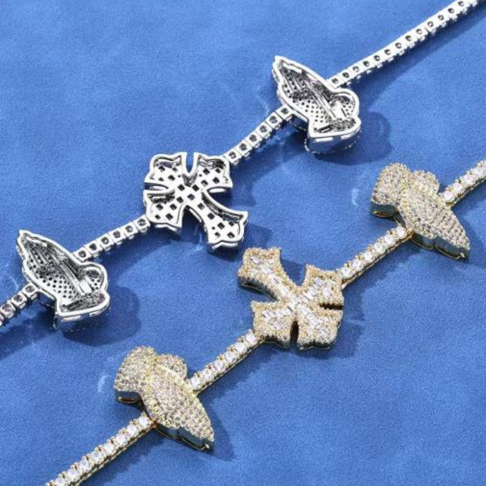 Praying Hands & Cross Tennis Chain in Sterling Silver and Moissanite