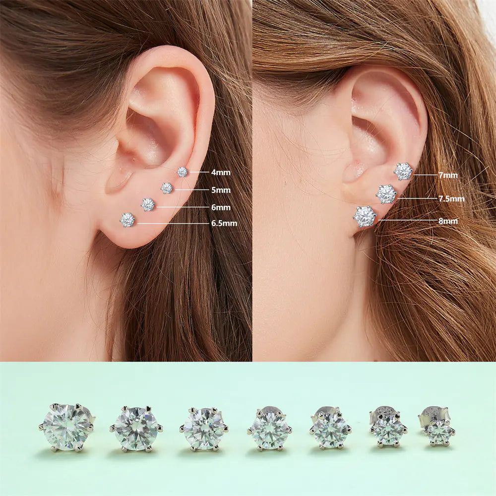 VVSI Round Cut MOISSANITE Silver Stud Earrings in White or Yellow Gold