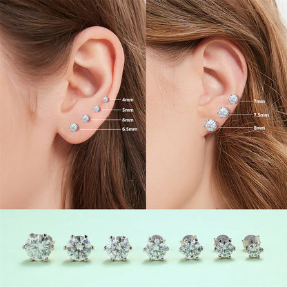 VVSI Round Cut MOISSANITE Silver Stud Earrings in White or Yellow Gold