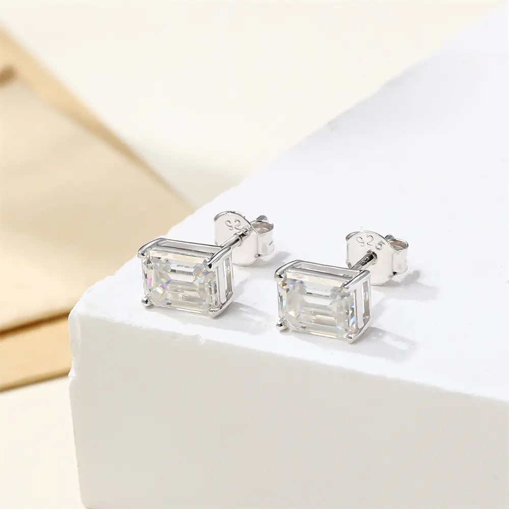 Emerald Cut Silver Stud MOISSANITE Earrings