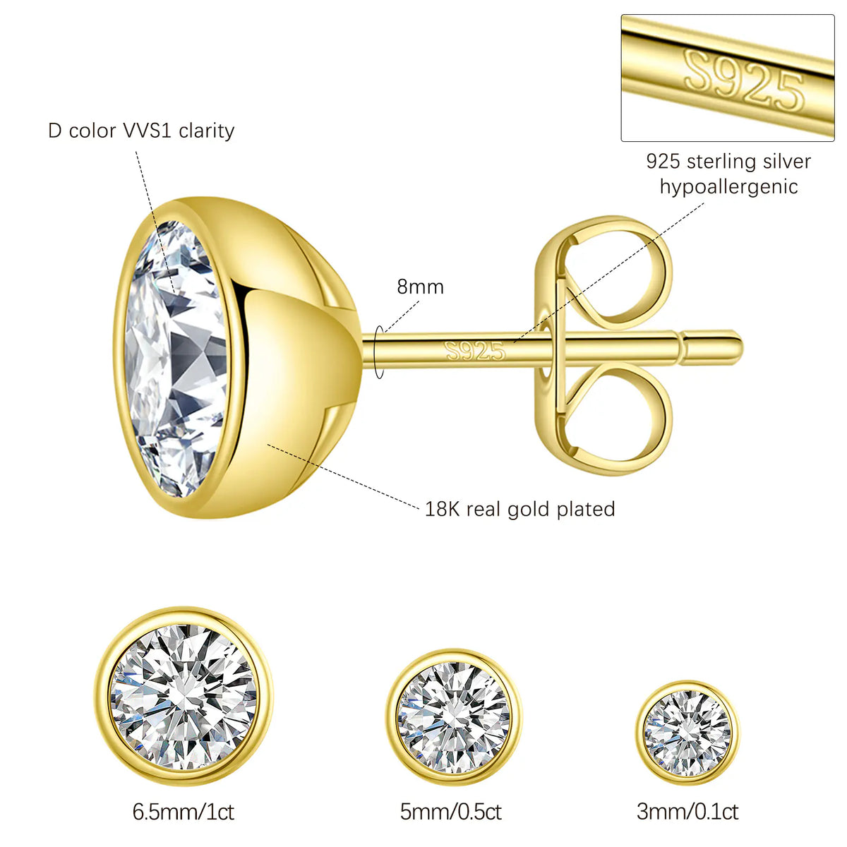 Round Setting Round Cut Silver Stud MOISSANITE Earrings Gold